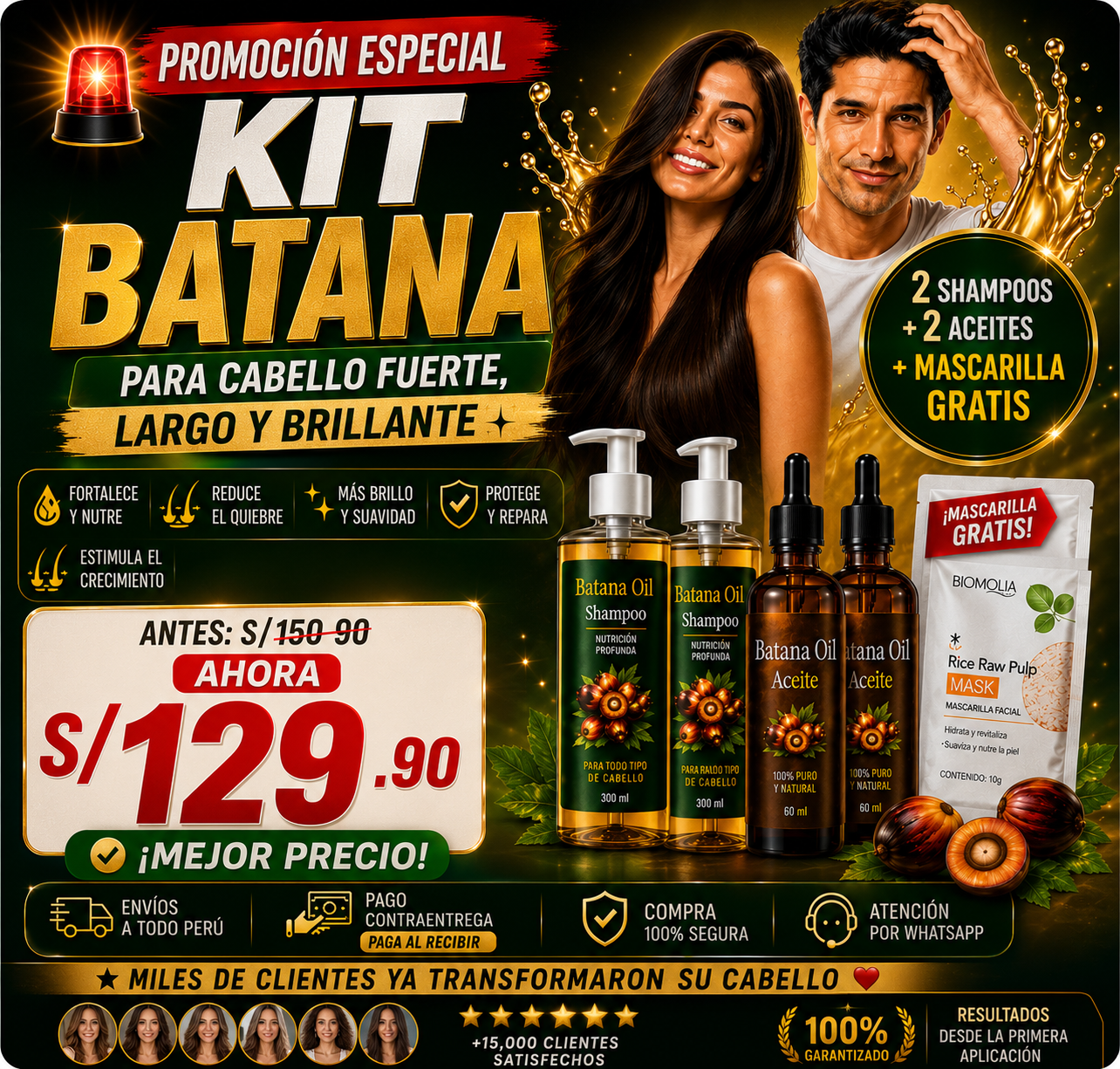 🌿 KIT BATANA CAPILAR | Shampoo + Aceite + Mascarilla Facial GRATIS 🎁